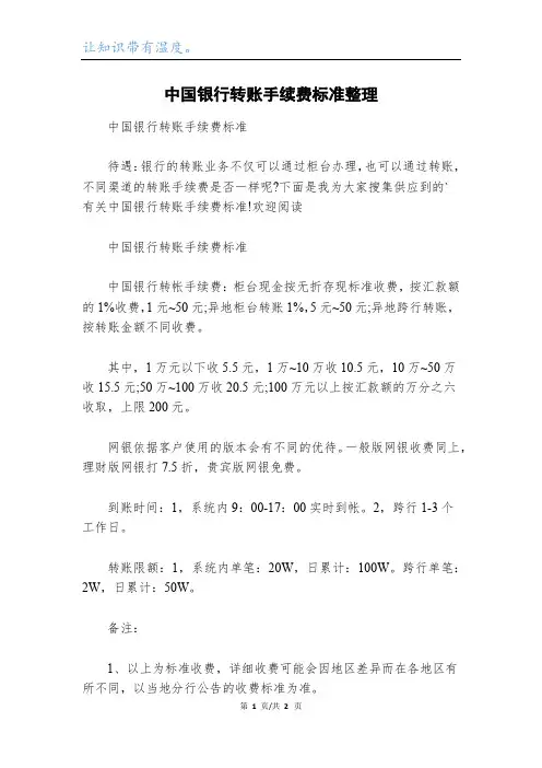 中国银行转账手续费标准整理