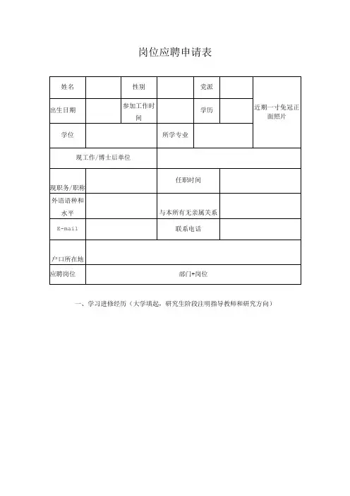岗位应聘申请表