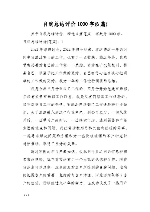 自我总结评价1000字(6篇)