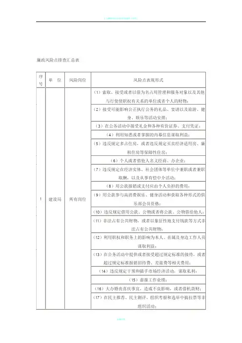 廉政风险点排查汇总表