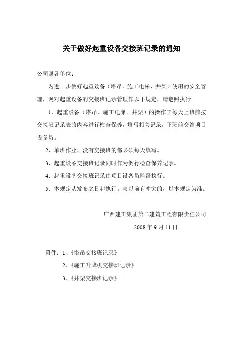 起重设备交接班记录