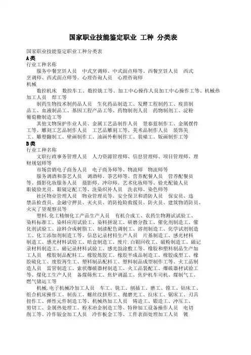 国家职业技能鉴定职业工种分类表