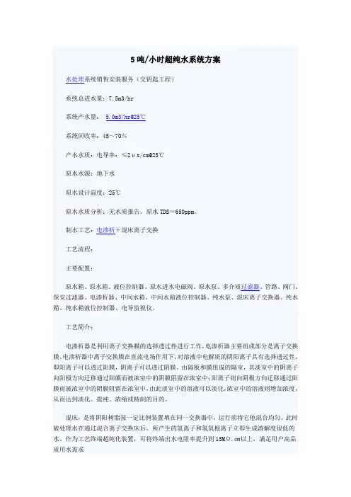 5吨小时超纯水系统方案