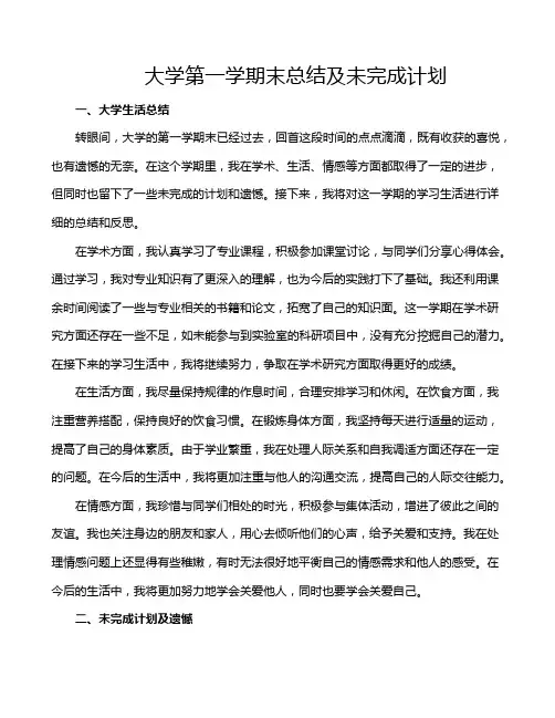 大学第一学期末总结及未完成计划