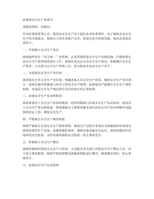经理级安全生产承诺书