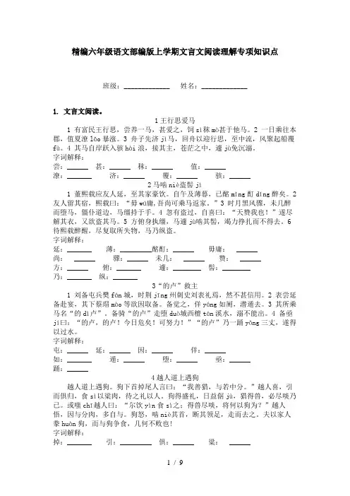 精编六年级语文部编版上学期文言文阅读理解专项知识点