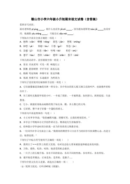 鞍山市小学六年级小升初期末语文试卷(含答案)