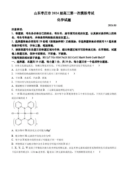 山东枣庄市2024届高三第一次模拟考试化学试题含答案