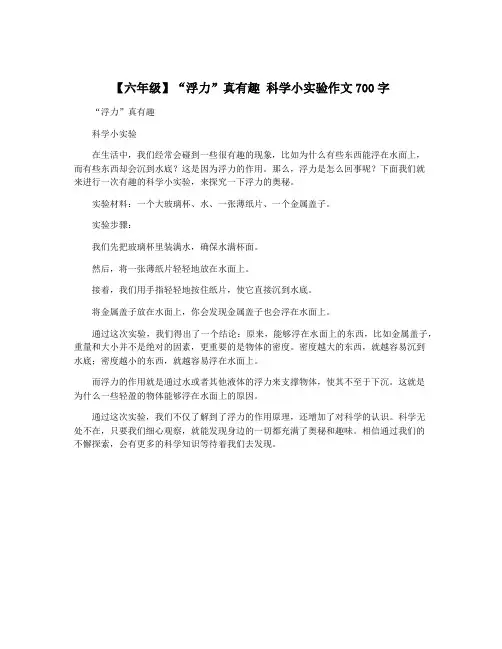 【六年级】“浮力”真有趣 科学小实验作文700字