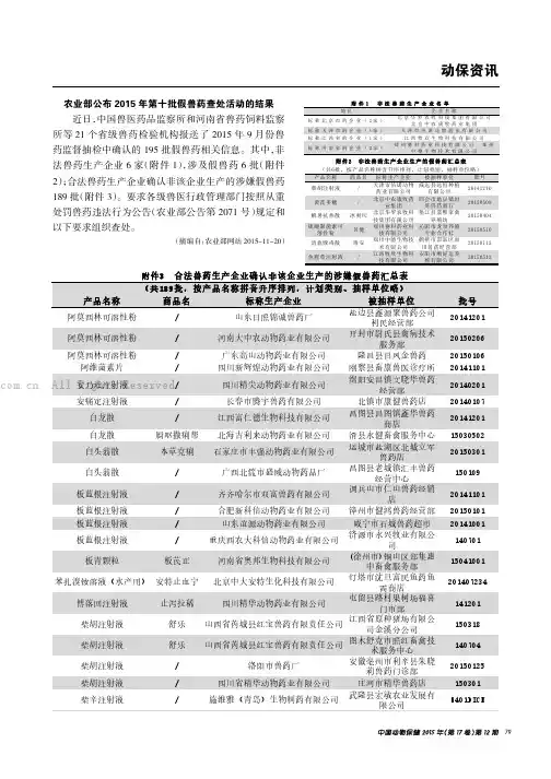 农业部公布2015年第十批假兽药查处活动的结果