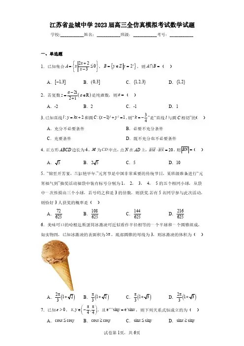 江苏省盐城中学2023届高三全仿真模拟考试数学试题(含答案解析)
