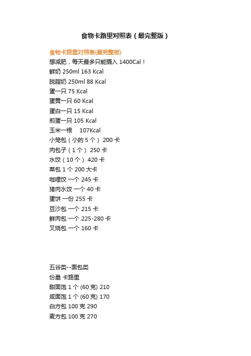 食物卡路里对照表（最完整版）