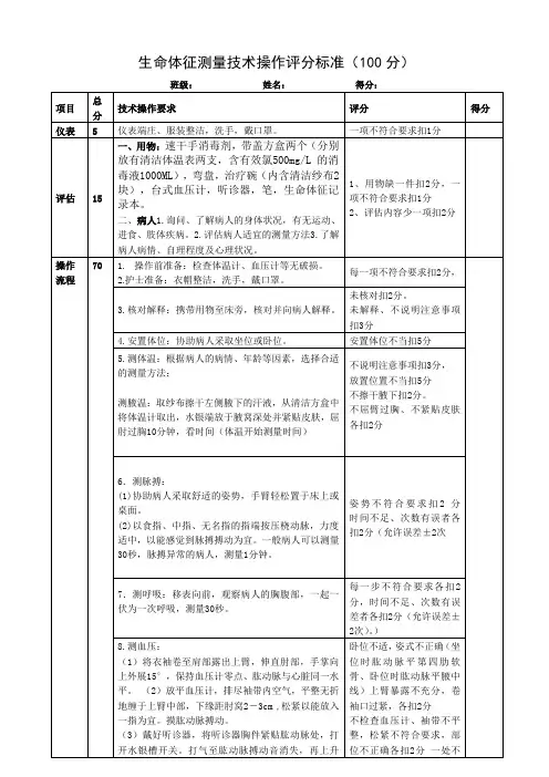 生命体征测量技术操作评分标准
