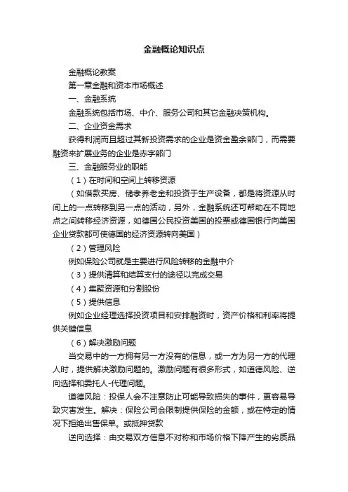 金融概论知识点