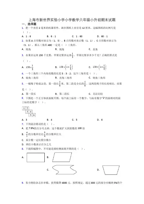 上海市新世界实验小学小学数学六年级小升初期末试题