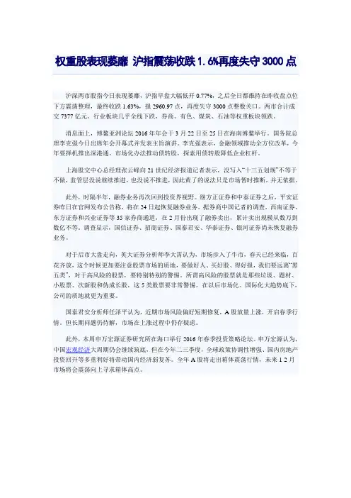 权重股表现萎靡 沪指震荡收跌1