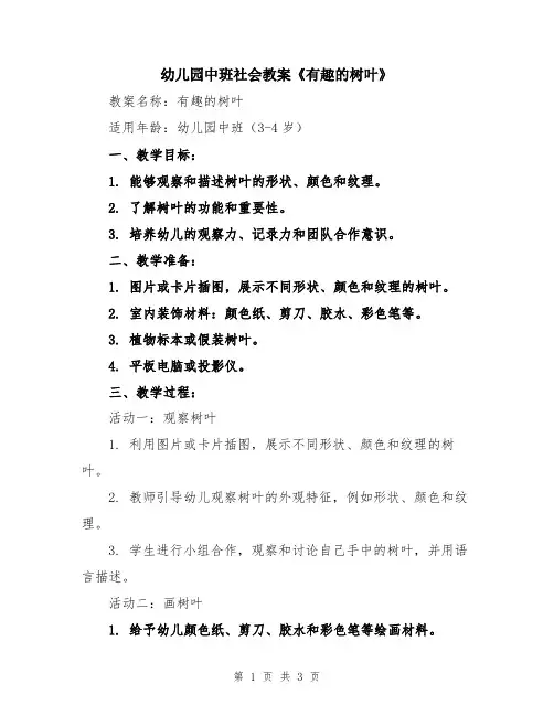 幼儿园中班社会教案《有趣的树叶》