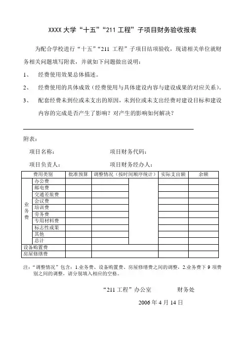 XX大学“十五”“211工程”子项目财务验收方案