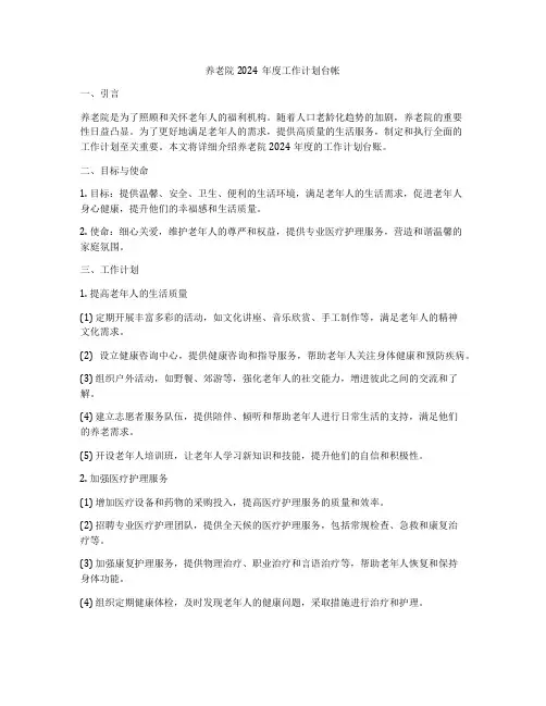 养老院2024年度工作计划台帐