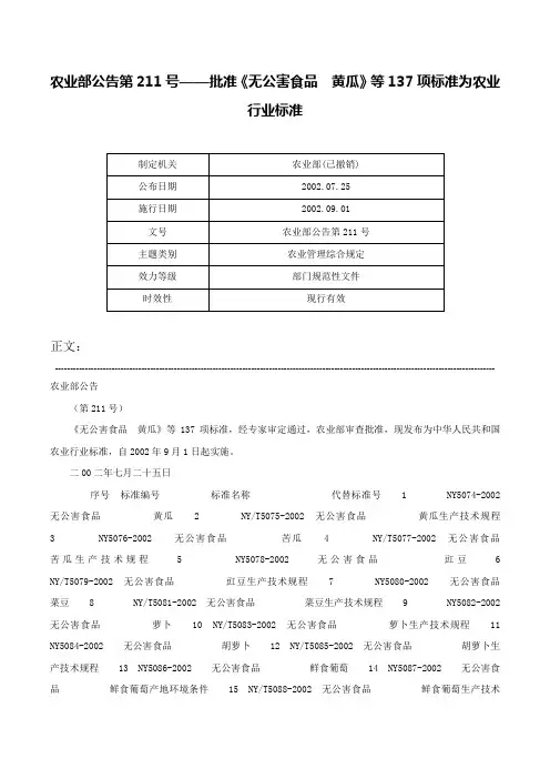 农业部公告第211号——批准《无公害食品　黄瓜》等137项标准为农业行业标准-农业部公告第211号