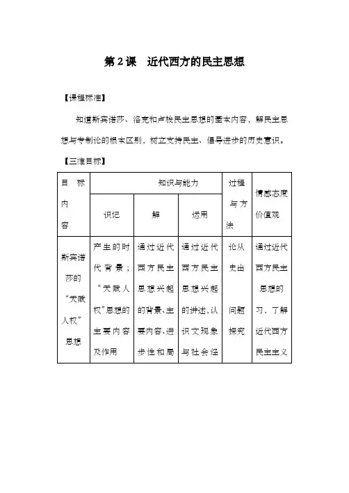 最新精编高中人教版选修二高中历史第1单元 第2课 近代西方的民主思想公开课优质课教学设计
