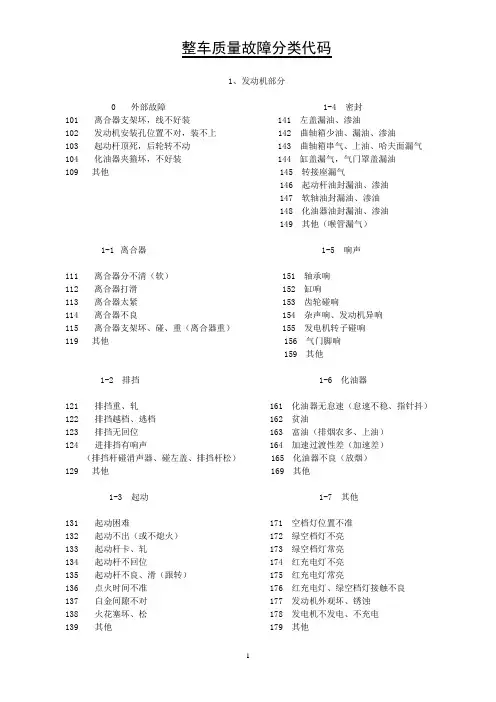 整车质量故障分类代码