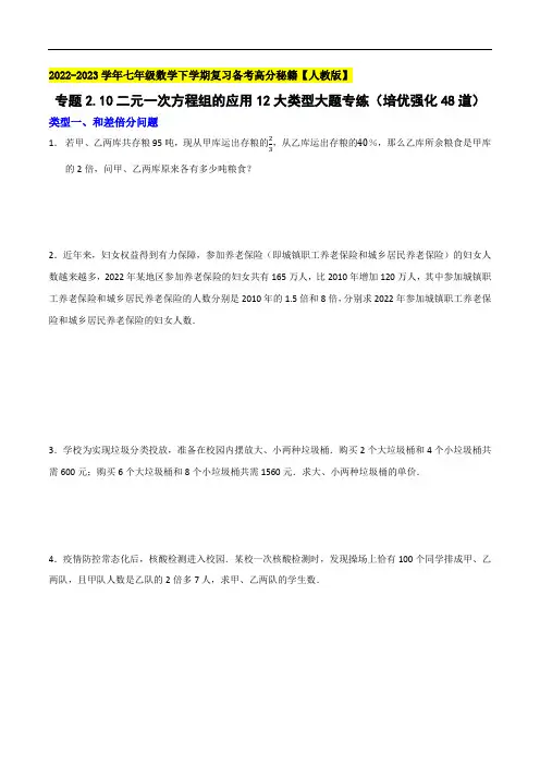 二元一次方程组的应用12大类型大题专练-2022-2023学年七年级数学下学期复习备考高分秘籍人教版