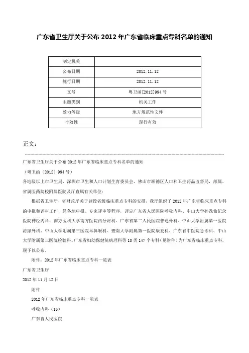 广东省卫生厅关于公布2012年广东省临床重点专科名单的通知-粤卫函[2012]994号