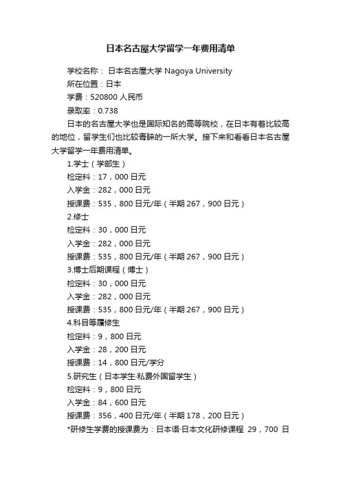 日本名古屋大学留学一年费用清单