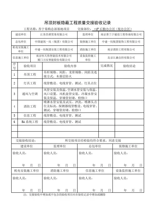 吊顶封板隐蔽工程质量交接验收记录