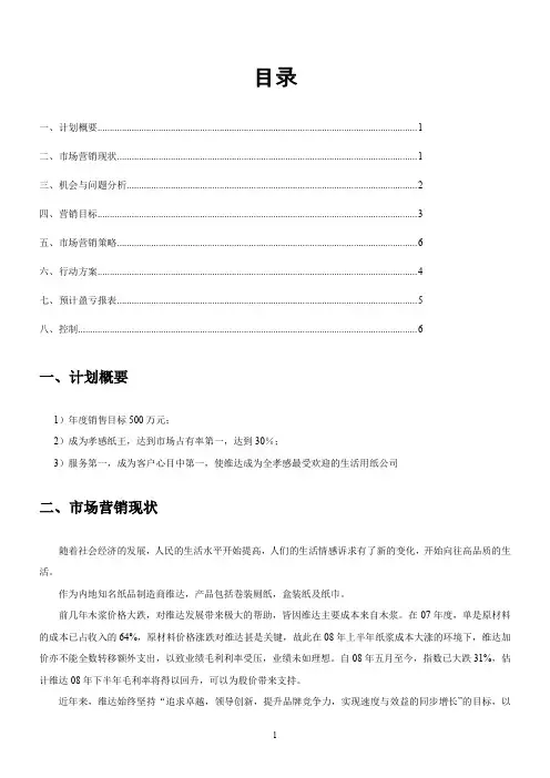 维达纸业市场营销计划书