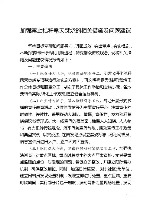 加强禁止秸秆露天焚烧的相关措施及问题建议