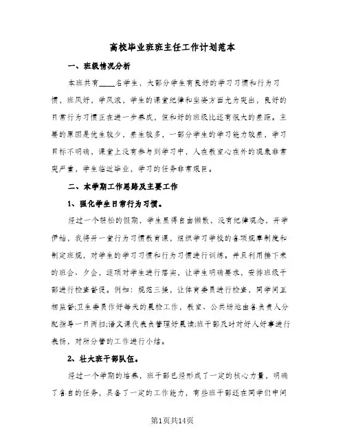 2024年高校毕业班班主任工作计划范本（五篇）