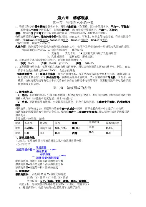 《第6章 溶解现象》知识点复习提纲-沪教版化学九年级下册
