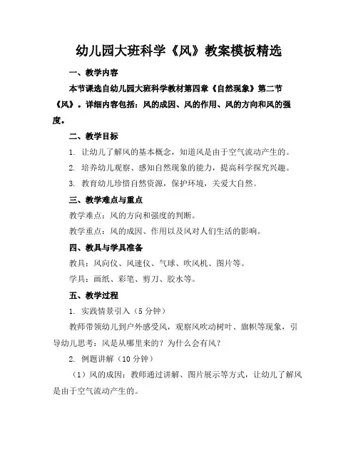 幼儿园大班科学《风》教案模板精选