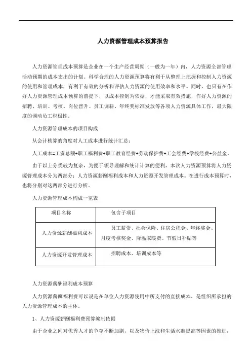 (成本管理)人力资源管理成本预算报告