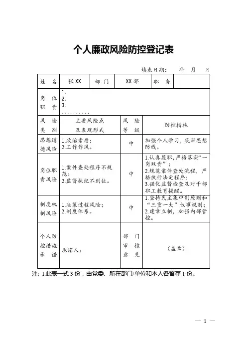 个人廉政风险防控登记表(示例1)