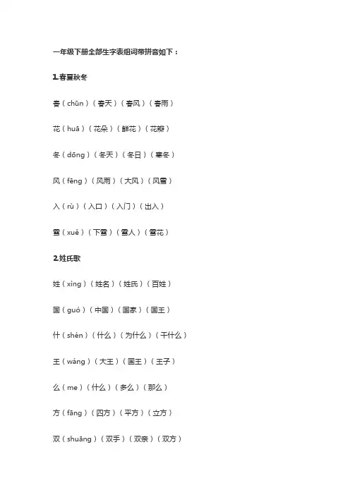 一年下册语文生字表和写字表