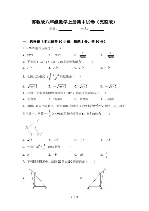 苏教版八年级数学上册期中试卷(完整版)