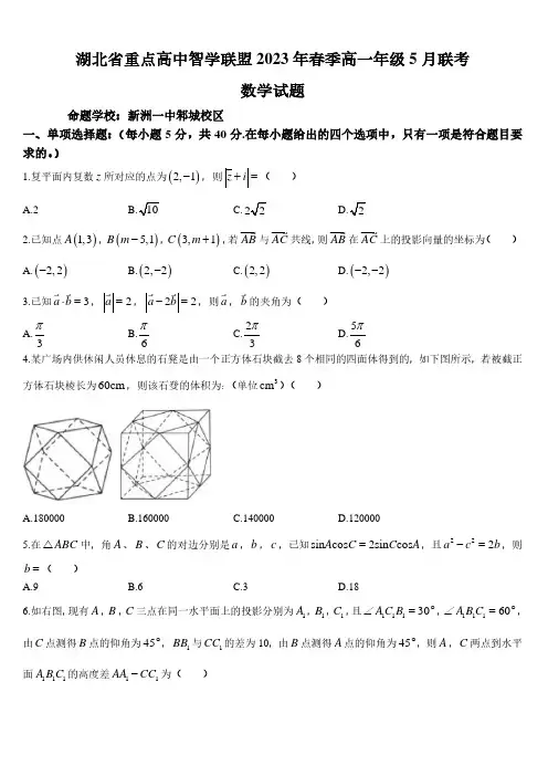 湖北省重点高中智学联盟2022-2023学年高一下学期5月联考数学试题