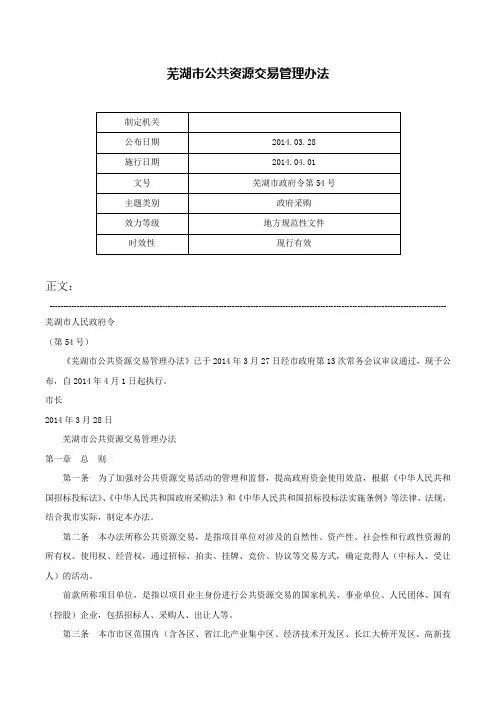 芜湖市公共资源交易管理办法-芜湖市政府令第54号