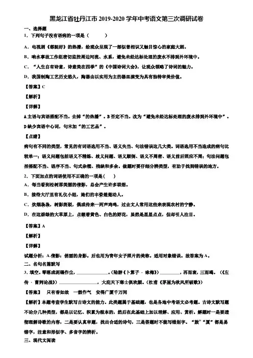 黑龙江省牡丹江市2019-2020学年中考语文第三次调研试卷含解析