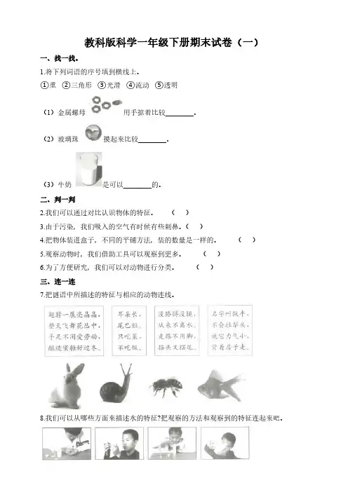 2023教科版科学一年级下册期末试卷含部分答案(五套)