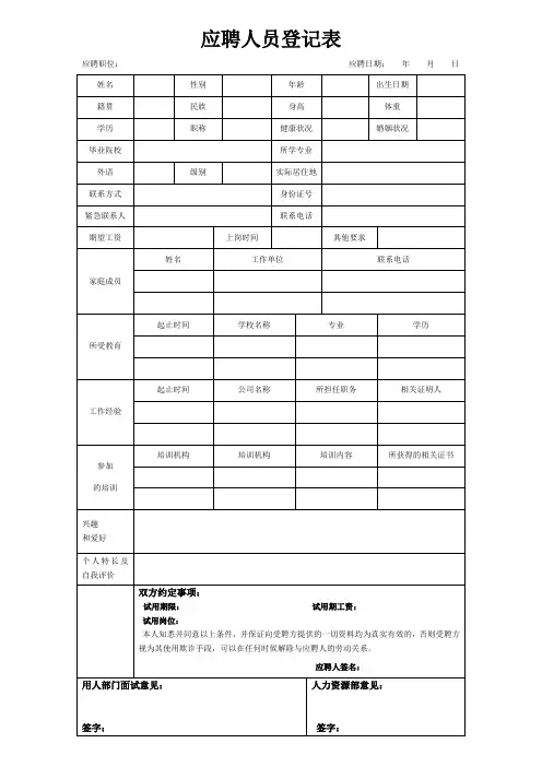 应聘人员登记表