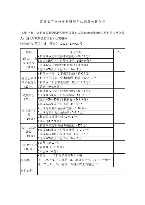 湖北省卫生计生科研项目结题验收评分表