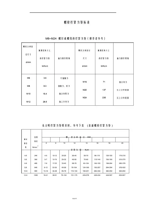螺栓拧紧力矩及标准