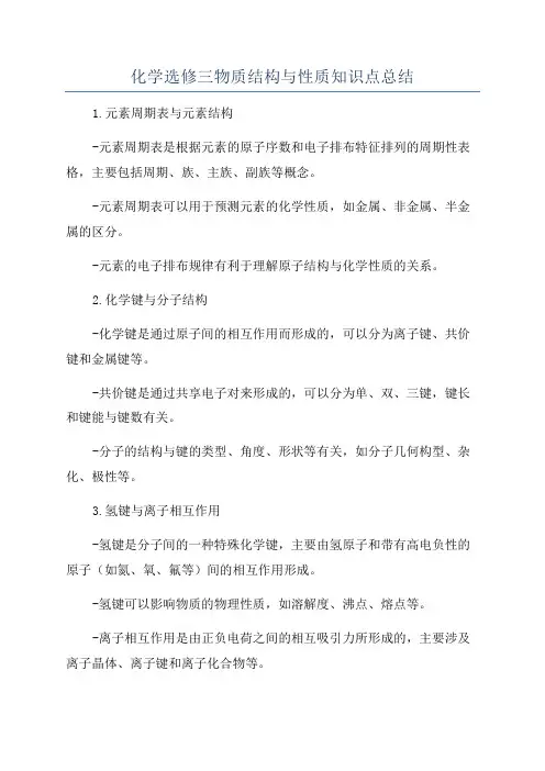化学选修三物质结构与性质知识点总结