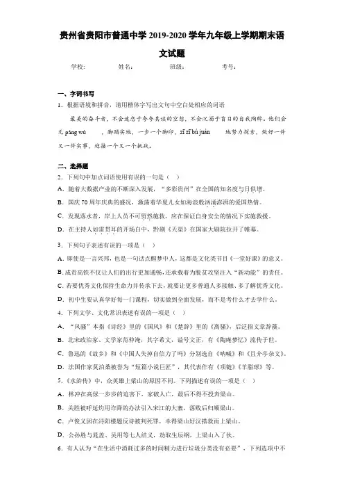 贵州省贵阳市普通中学2020~2021学年九年级上学期期末语文试题