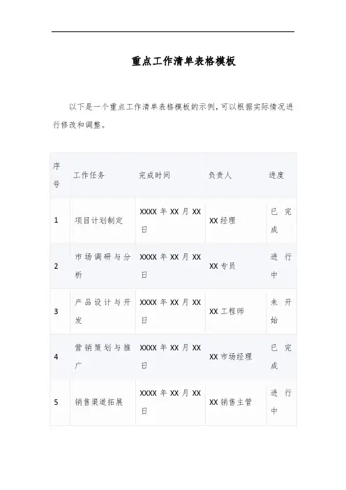 重点工作清单表格模板