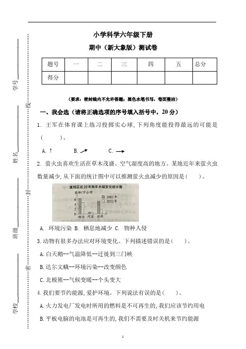 小学科学六年级下册 期中(新大象版)测试卷